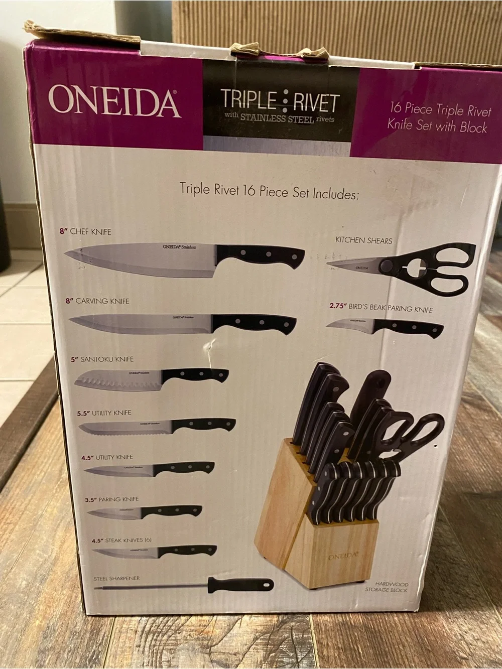 Oneida Knife Set with Black Handles and Wood Block